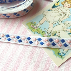 フランスのヴィンテージ刺繍リボン・ピンクとぶるーのダイヤ柄50cm 1枚目の画像