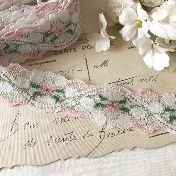 フランスのアンティークレース・ピンクのお花50cm レース