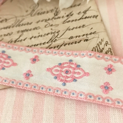 ヴィンテージ刺繍リボン・ピンクのお花とブルーのドット50cm 2枚目の画像