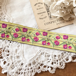 フランスのヴィンテージ刺繍リボン・イエローにピンクの薔薇②50cm 2枚目の画像