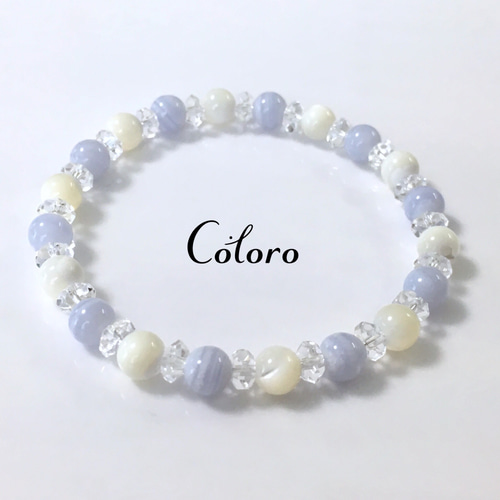 ☆6mm ブルーレースアゲート・マザーオブパール☆誕生石☆数珠