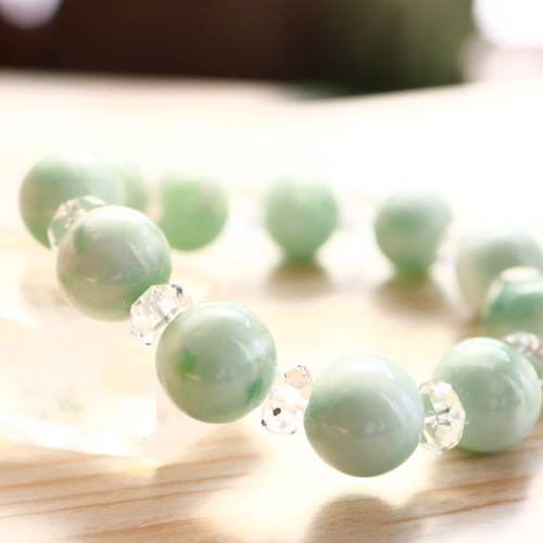 きらら 希少品天然無処理　レンボー入りグリーンフローライトブレスレット ☆希少石☆…☆ミルキーグリーンフローライト：14ミリ＆水晶☆…☆天然石