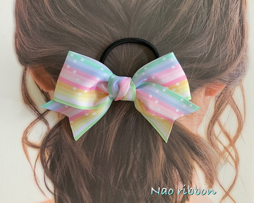 ヘアゴム☆モロッカン柄ヘアリボン☆グリーン&パープル　64 ヘアゴム☆モロッカン柄ヘアリボン☆グリーン&パープル 64