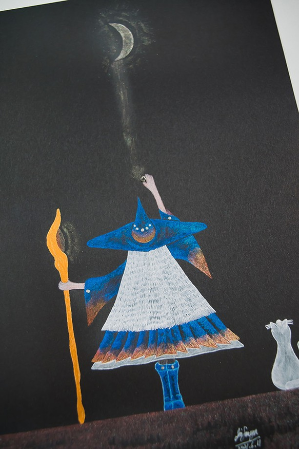 ヒーリングアートプリント「魔女と猫　聖なる月のパワー」[A5] 2枚目の画像