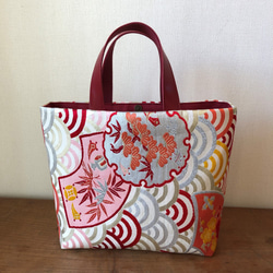 青海波に松竹梅宝尽くし文様 アンティーク名古屋帯リメイクMini Tote Bag・Porchセット 3枚目の画像