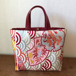 青海波に松竹梅宝尽くし文様 アンティーク名古屋帯リメイクMini Tote Bag・Porchセット 2枚目の画像