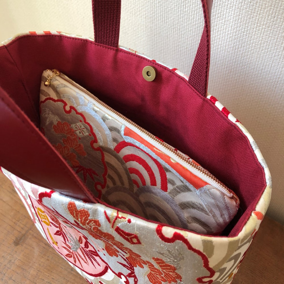 青海波に松竹梅宝尽くし文様 アンティーク名古屋帯リメイクMini Tote Bag・Porchセット 5枚目の画像