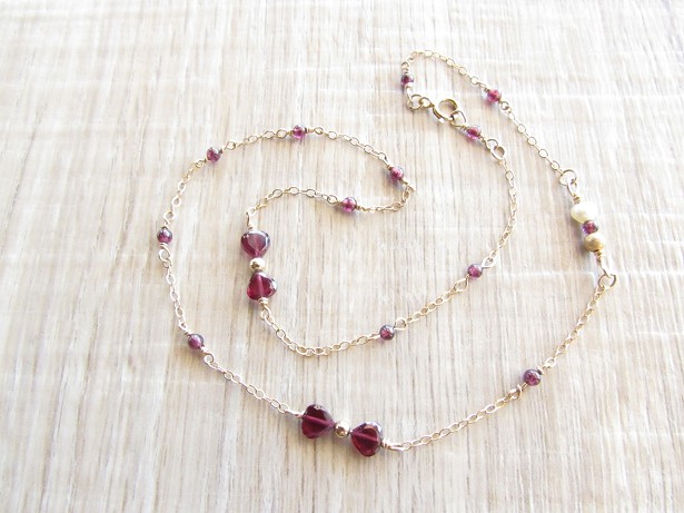 リボンの2連ブレスレット☆ガーネットと14KGF