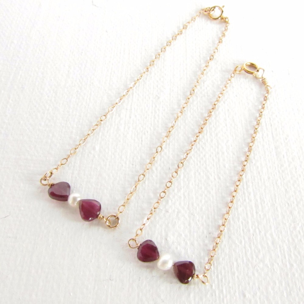 親子のリボン・ブレスレット☆14kgf／ガーネットと淡水パール