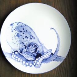 【一点物】「ミズダコ」動物の手描き染付皿 大皿 絵皿 1枚目の画像