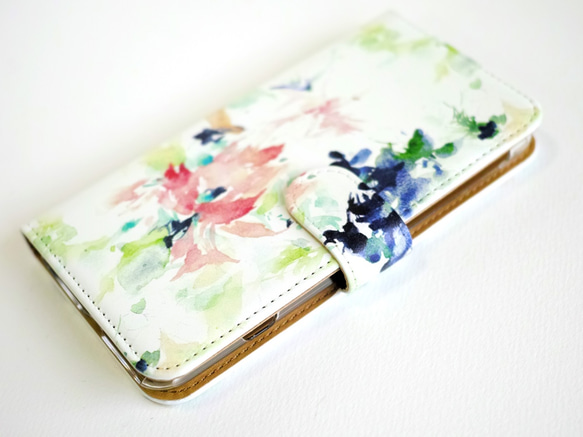 [與iPhone GALAXY Xperia等型號兼容]帶有水彩筆記本型卡片袋“花束”的保護套 第6張的照片