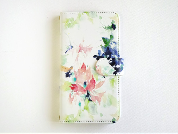 [與iPhone GALAXY Xperia等型號兼容]帶有水彩筆記本型卡片袋“花束”的保護套 第1張的照片