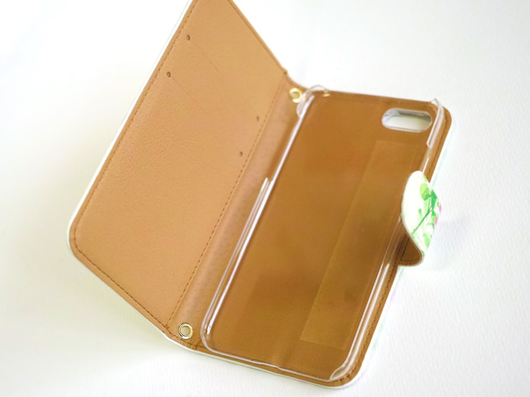 【 iPhone GALAXY Xperia ほか各機種対応 】水彩画の手帳型カードポケット付きケース 「れんげと蜜蜂」 4枚目の画像