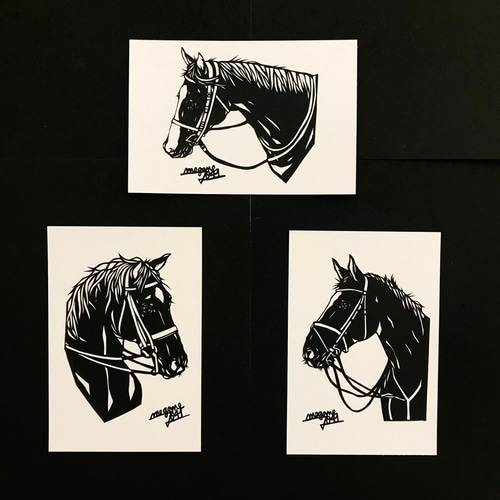 横顔が美しい馬 ポストカード3枚セット（原画） 切り絵