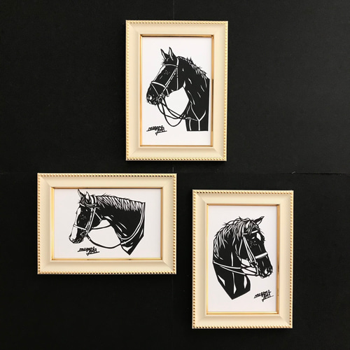 横顔が美しい馬 ポストカード3枚セット（原画） 切り絵