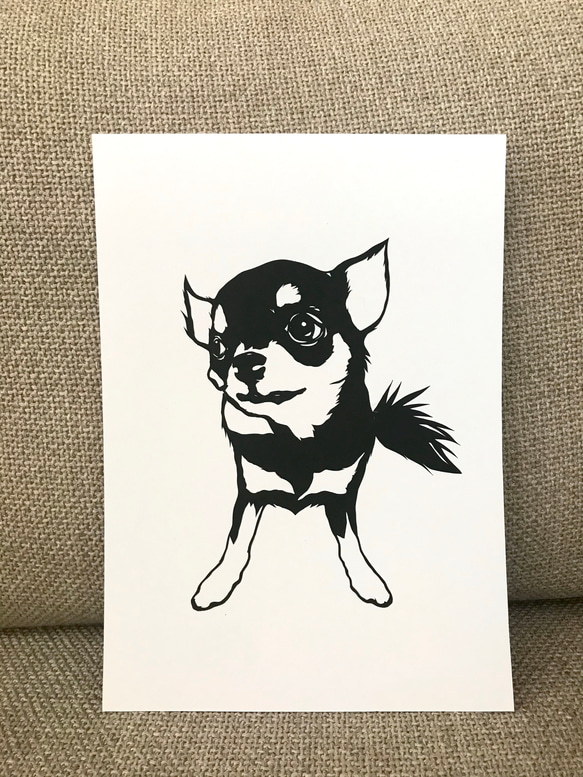 ☆送料無料☆〝上目遣いするチワワ〟切り絵ポスター（原画） 切り絵  