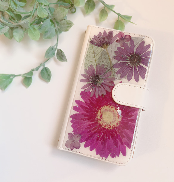 New 押し花ケース 〜Gerbera〜purple 手帳型 3枚目の画像