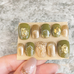 ネイルチップ ピスタチオ 緑 カーキ ゴールド ミラーネイル ワイヤー