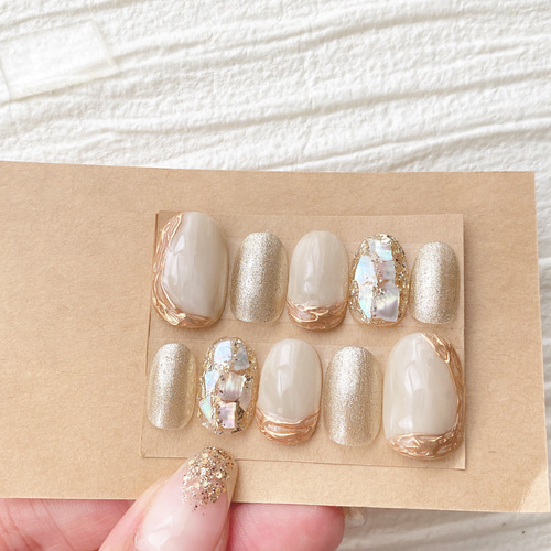 ミルクティー ベージュ ミラー ネイルチップ 前撮り 成人式 結婚式  