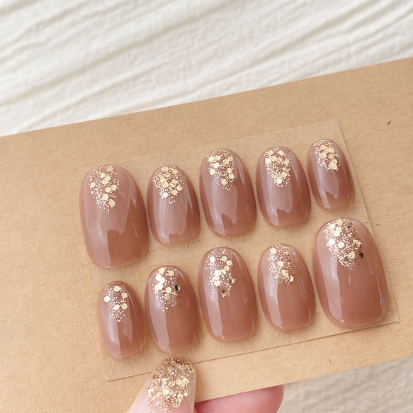 シンプル チュール ブラウン ネイルチップ 前撮り 成人式 結婚式 入学  