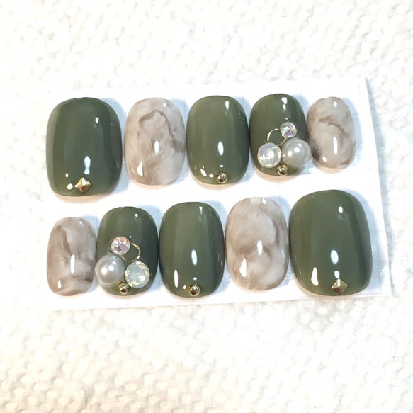 ジェルネイル♡カーキ♡大理石♡パール♡ネイルチップ♡付け爪  