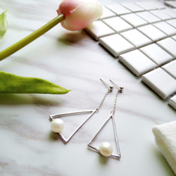 韓版新款幾何三角珍珠耳釘簡約大方耳環優雅百搭耳墜+925純銀飾 第1張的照片