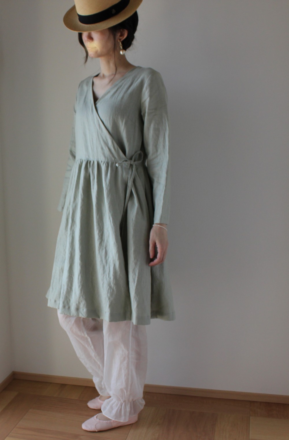 CHECK&STRIPE　やさしいリネン　カシュクール　ワンピース　ミント　グリーン　ミンティ