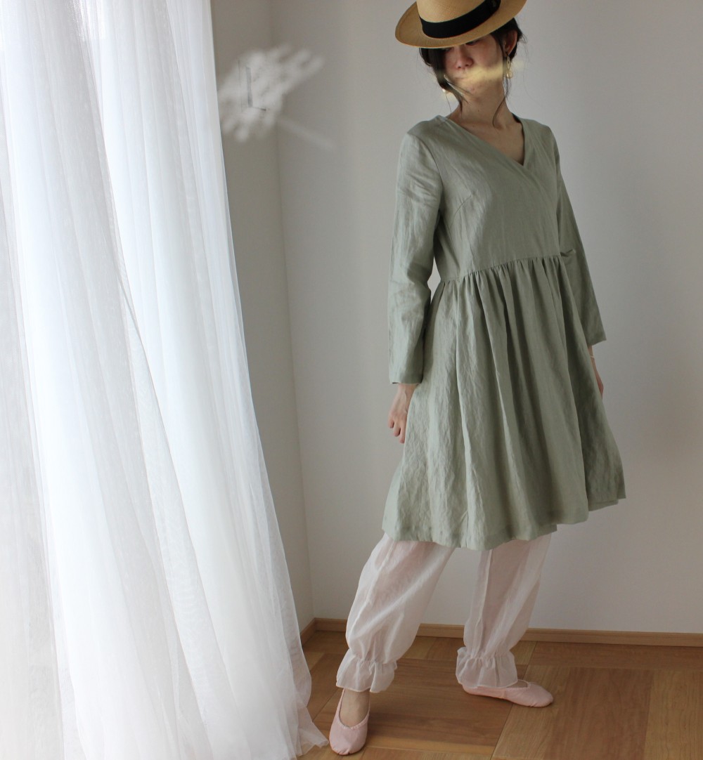 CHECK&STRIPE　やさしいリネン　カシュクール　ワンピース　ミント　グリーン　ミンティ