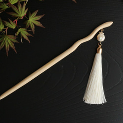 tassel hair stick＊white＊手彫りのかんざし＊ひのき＊モザイクシェル＊タッセル 9枚目の画像