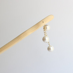 cotton pearl hair stick 03＊手彫りのかんざし＊ひのき＊コットンパール＊チェーン 5枚目の画像