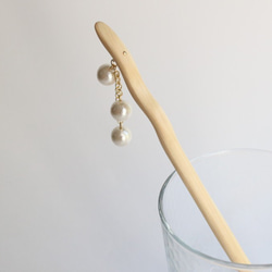 cotton pearl hair stick 03＊手彫りのかんざし＊ひのき＊コットンパール＊チェーン 9枚目の画像