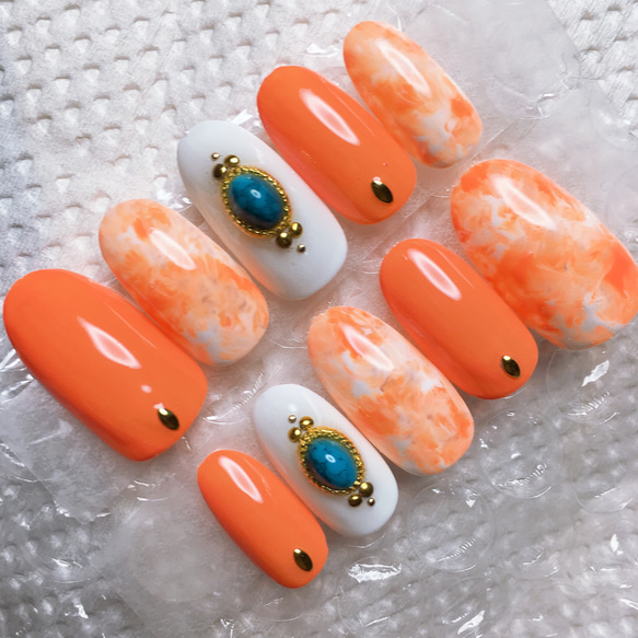 ネイルチップ オレンジ×ターコイズ ネイルチップ（つけ爪） hananail