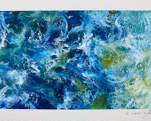 『夏の崖と波しぶき』　オイルパステル画　B4サイズ オイルパステル240×240mm #オイルパステル #パステル画
