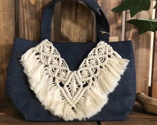 マクラメ編み デニムトートバッグ 受注製作 トートバッグ yuki-weaving