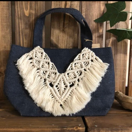 マクラメ編み デニムトートバッグ 受注製作 トートバッグ yuki-weaving  