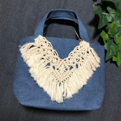 マクラメ編み デニムトートバッグ 受注製作 トートバッグ yuki-weaving  