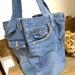 デニムリメイク　大きい丸底トートバッグ 1点限定‼︎ デニムリメイク＊丸底トート/ビックトート トートバッグ ru