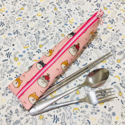 星森 - 環保餐具袋 《蘋果柴犬》粉紅色 防水餐具袋  餐具套 餐具包 （免費繡名字*限中文、英文*） 第3張的照片