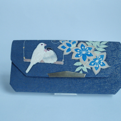 808 手描き「花と文鳥」（染工房雪夜）正絹長財布 和装小物（帯・半襟  