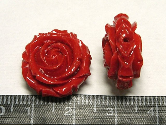 珊瑚（練り） 薔薇型パーツ両面 レッド 約17×9mm 【4個セット販売】6001282 3枚目の画像