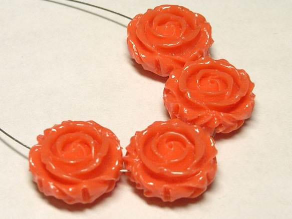 珊瑚（練り） 薔薇型パーツ両面 橙色 約17×9mm 【4個セット販売】6001283 1枚目の画像