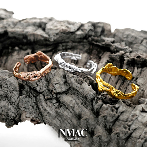 手工製作-NMACJEWELRY-自然紋理個性化中性開口款可調校鬆緊設計戒指-925 Sterling Silver 第1張的照片