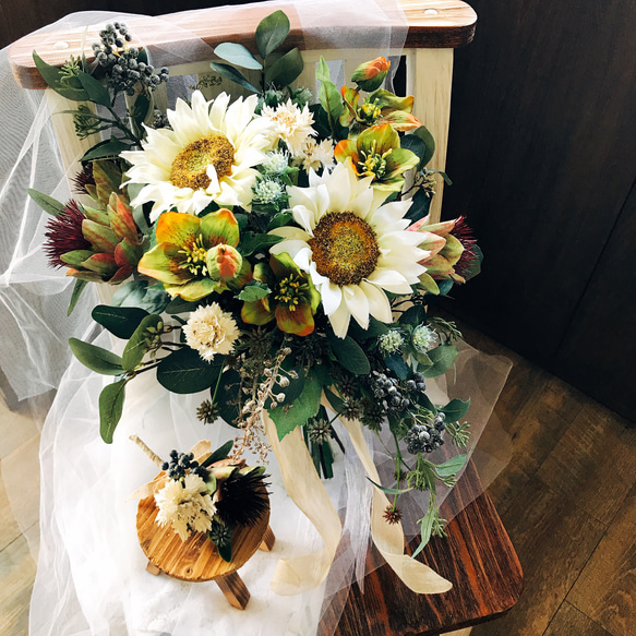 アーティフィシャルフラワー 大人美しい白のひまわりブーケ ブーケ