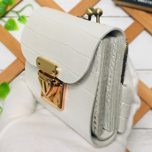❤【高級感×可愛い♪】大人オシャレながま口付き総本革ミニ財布♪白