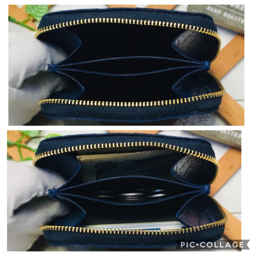 ❤【超絶オシャレ可愛い♪】ラウンドファスナー星スタッズミニ財布♪ネイビークロコ柄 ❤️【超絶オシャレ可愛い♪】総本革ラウンドファスナー星スタッズミニ