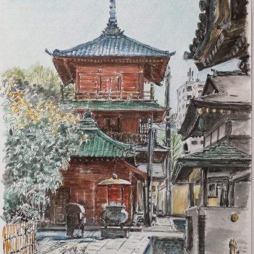 水彩画原画 西新井大師總持寺 栄螺堂 絵画 Lin 通販 6420041｜Creema