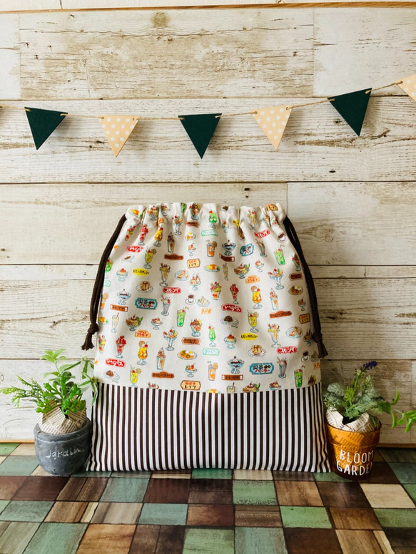 持ち手付き巾着袋 上靴入れ 昆虫図鑑柄×レモンイエロー 32㎝ 28