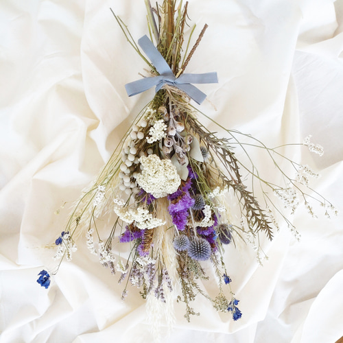 リース　パンパスグラス　スワッグ　ブーケ ホワイトブルー＊パンパスグラスドライフラワースワッグ♡ブーケ