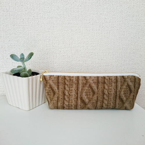 ニット柄Wガーゼペンケース♡モカ(メガネケース) ペンケース