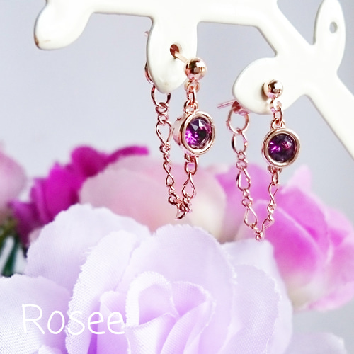 ピンクゴールド クリスタルアメジストのフィガロチェーンピアス